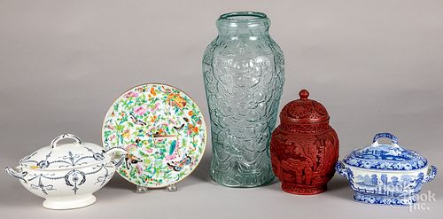 Chinese cinnabar urn, etc.