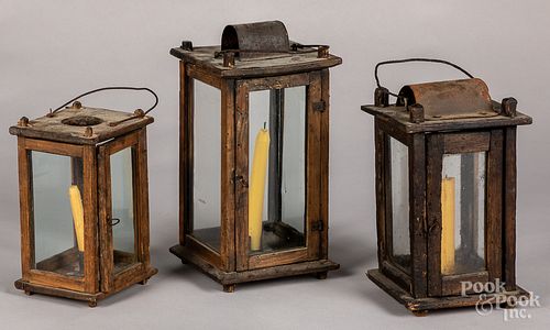 Three primitive pine lanterns, 19th c.