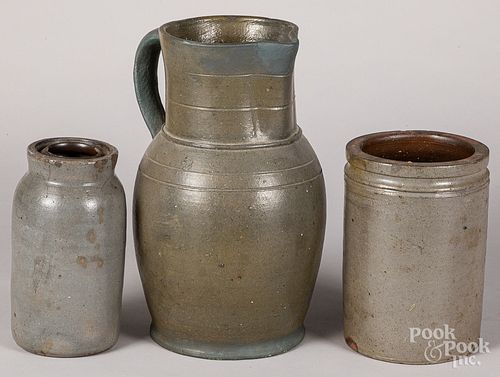 Stoneware pitcher and two crocks, 19th c.