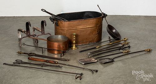Group of brass, iron and copper fire tools, etc.