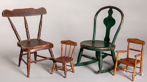 Five painted doll and child's chairs, 19th c.