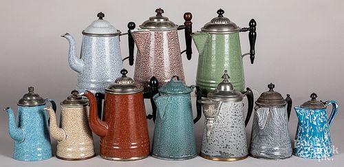 Ten graniteware coffee pots and teapots