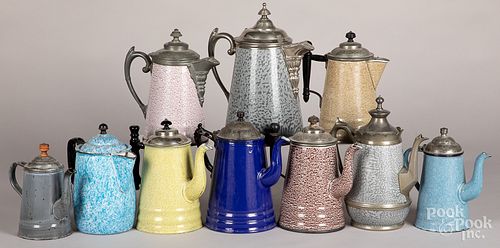 Ten graniteware coffee pots and teapots