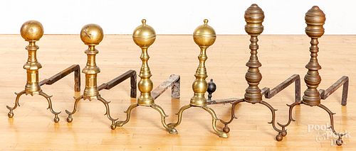 Three pairs of brass andirons, 19th c.