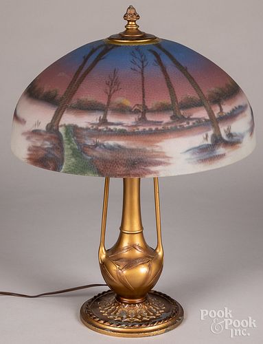 Gilt metal table lamp, with reverse painted shade