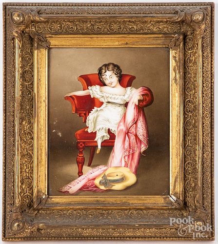 Painted porcelain plaque of a seated child