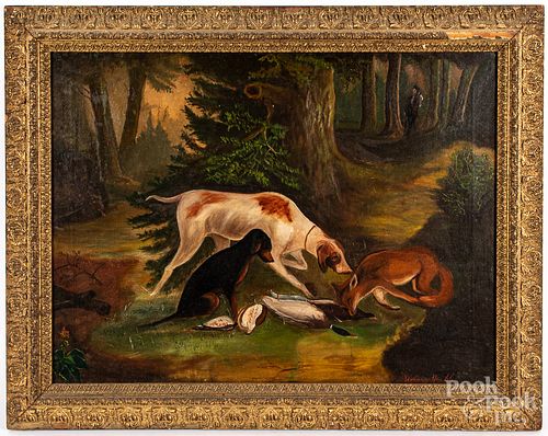 Oil on canvas of dogs and dead game, late 19th c.