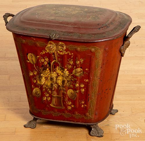 French painted tole coal scuttle, 19th c.