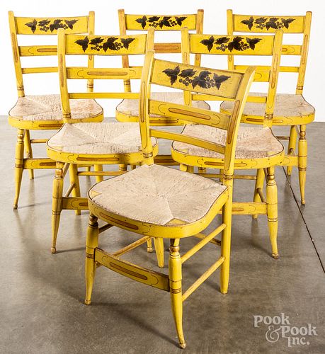 Set of six painted rush seat chairs