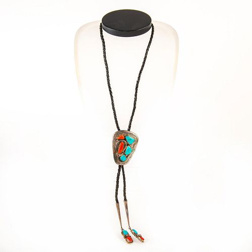 Native American Zuni Turquoise, Coral Bolo Tie