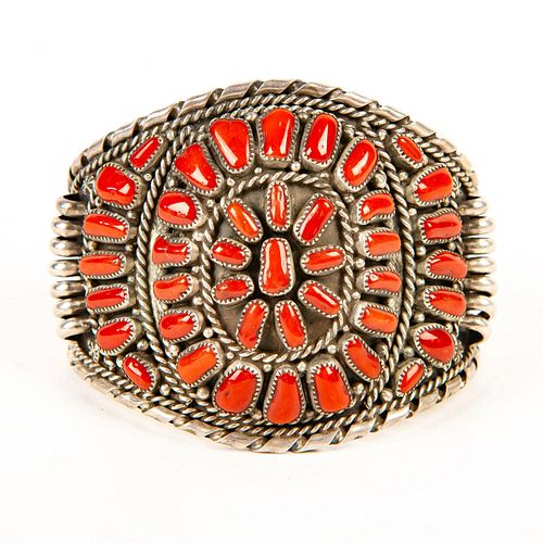 Native American Navajo Coral Petit Point Cluster Silver Cuff