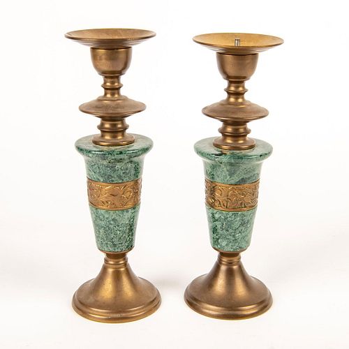 Pair Of Green Marble And Brass Candle Holders