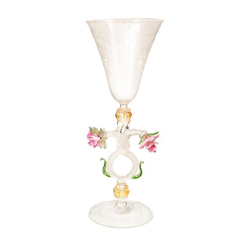 Venetian Art Glass Floral Wine Goblet, Double Flower