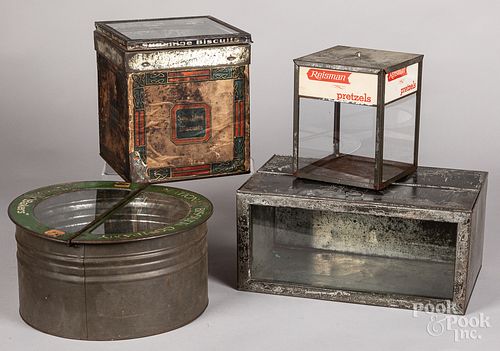 Four country store tin advertising containers