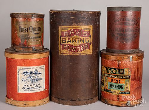Five pressboard country store canisters & barrel