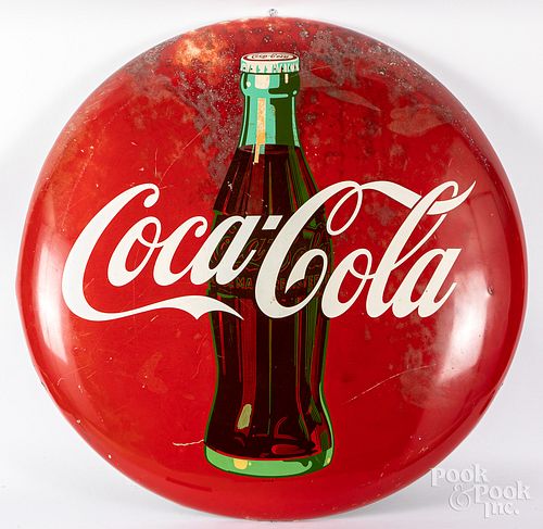 Large Coca-Cola tin lithograph button sign