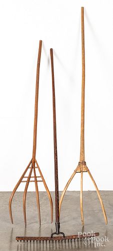 Two wooden hay forks, 19th c., etc.