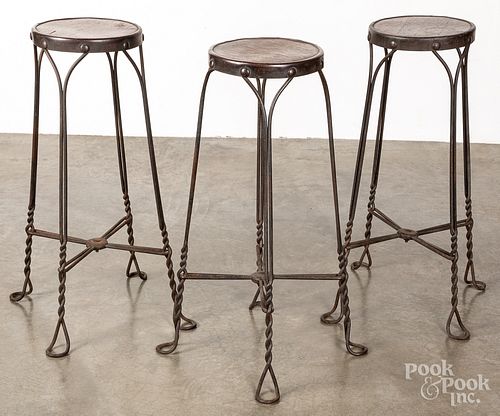 Three oak and wire ice cream parlor stools