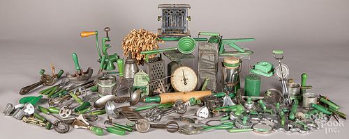 Group of vintage green handled kitchen items