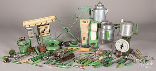 Large group of vintage green handled kitchen items