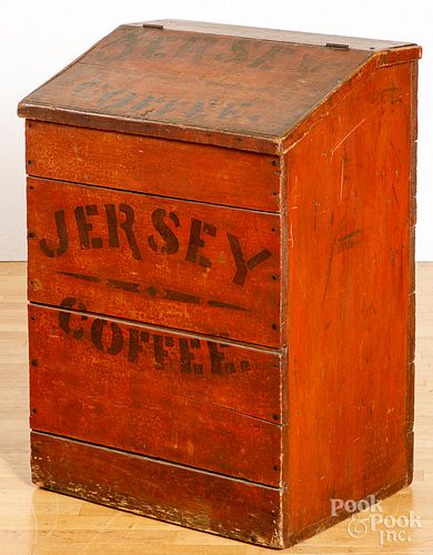 Painted pine Jersey Coffee bin, 19th c.