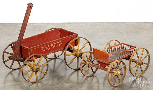 Two wooden pull wagons