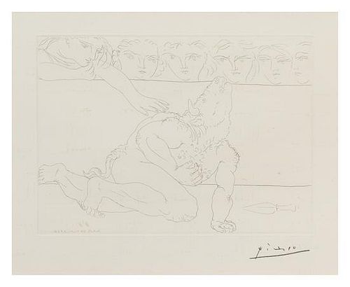 Pablo Picasso, (Spanish, 1881-1973), Minotaure mourantet et jeune femme pitoyable (plate 90 from La Suite Vollard), 1933