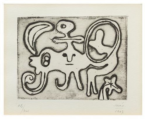 Joan Miro, (Spanish, 1893-1983), Femme et oiseau devant la lune (from Laurels Number One), 1947