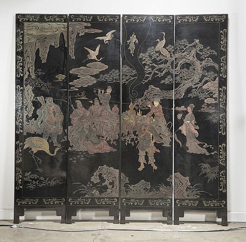 Chinese Carved and Painted Four-Panel Wood Screen