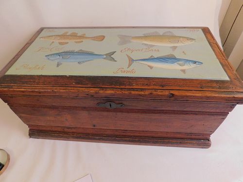 ANTIQUE WOOD TOOL CHEST WITH FISH