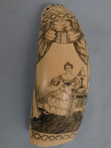 SCRIMSHAW WHALE TOOTH LADY READING