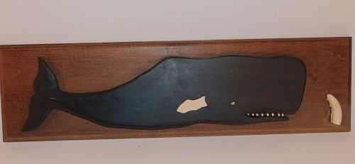 CARVED WOOD WHALE PLAQUE 