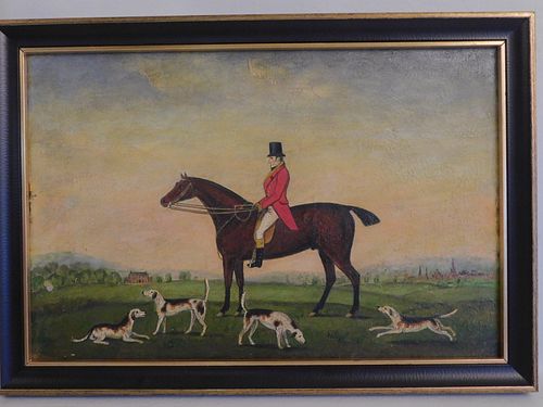 ENGLISH PAINTING MAN, HORSE & DOGS