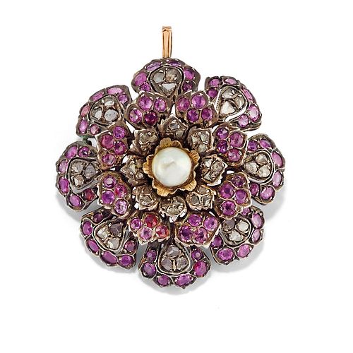 A silver, low-carat gold, pearl and ruby pendant brooch, first half of 20th Century
