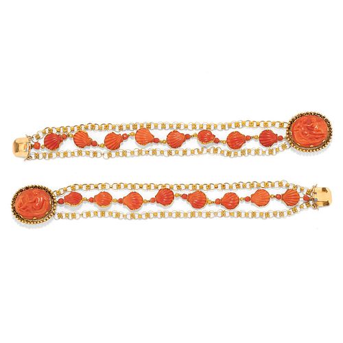 Two low-carat gold, 18K yellow gold and coral bracelet, first half of 19th Century