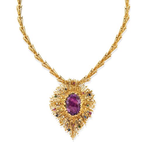 A 18K yellow gold, amethyst, sapphire, ruby, emerald and diamond necklace