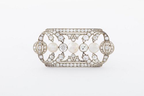 A platinum, natural pearl and diamond brooch, early 20th Century