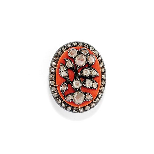 A silver, 18K yellow gold, coral and diamond brooch, 19th Century