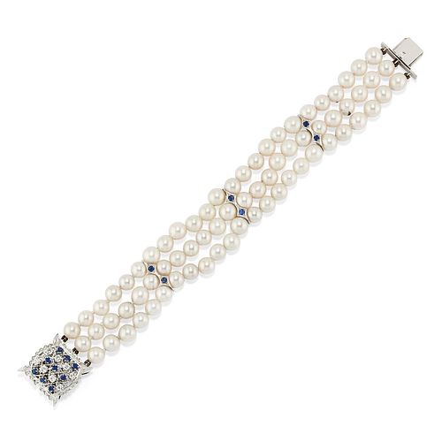 A 18K white gold, sapphire, cultured pearl and diamond bracelet