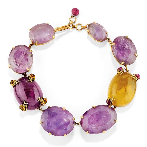 A gilded silver, amethyst, amber, ruby and gemstone necklace