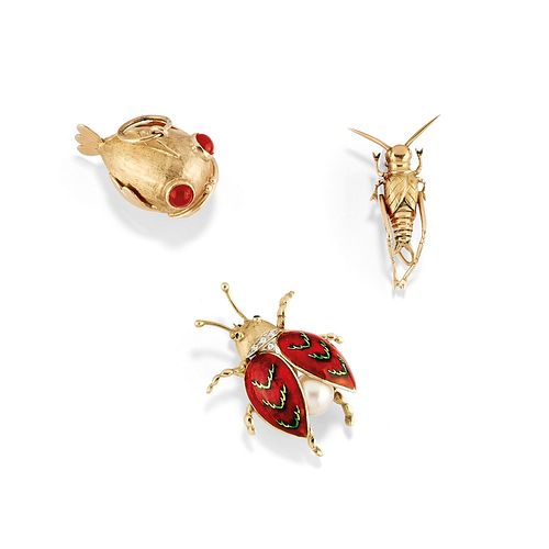 A 18k yellow gold, diamond, enamel and colored gemstone brooches and one pendant