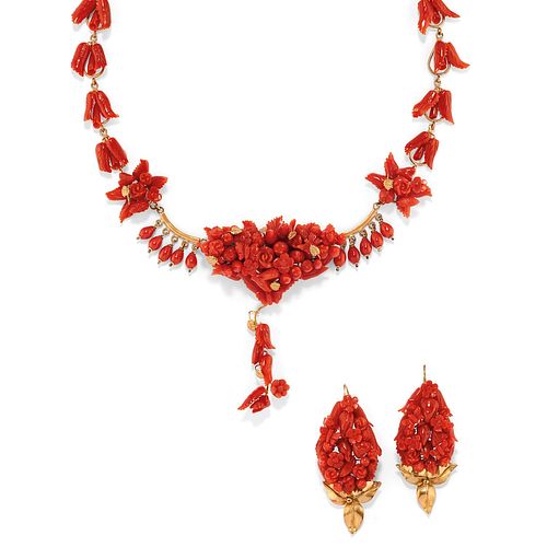 A 9K yellow gold and coral necklace and earclips