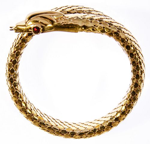 18k Yellow Gold and Ruby Snake Form Cuff Bracelet