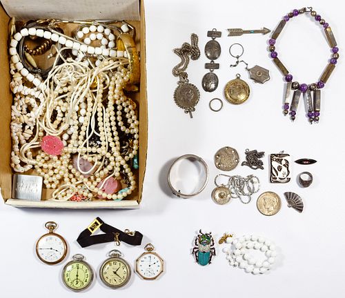 Sterling Silver, Costume Jewelry and Pocket Watch Assortment