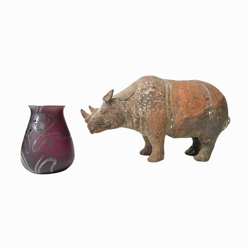 Bronze Rhino Sculpture & Art Glass Vase