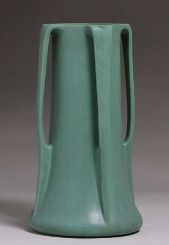 Tall Teco Pottery Matte Green Four Buttress Handle Vase