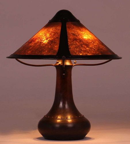 Dirk van Erp Hammered Copper & Mica Lamp c1913-1914