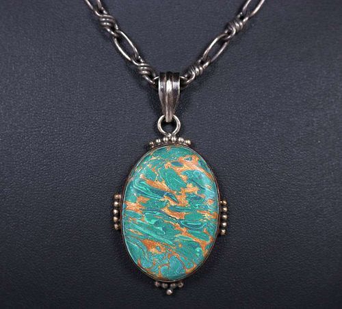 Arts & Crafts Sterling Turquoise Pendant Necklace c1910