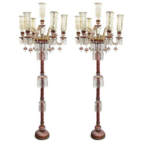 Baccarat Style Ruby & Gilt Crystal Torchieres, Pr