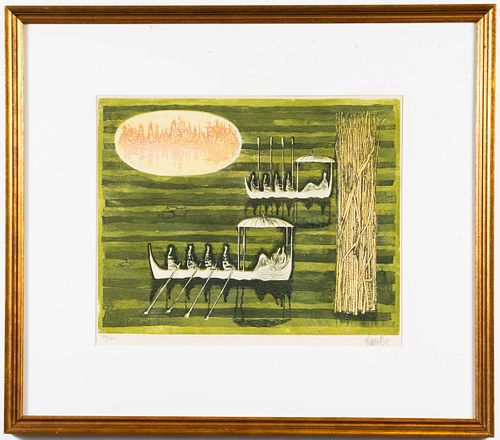 Lars Bo "Long Boats" Surrealist Etching on Paper